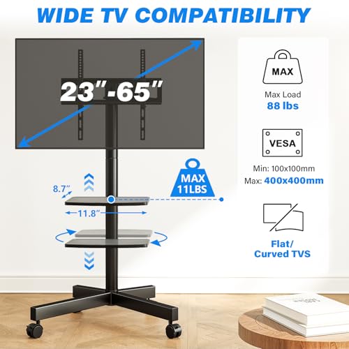 Rfiver Black Mobile TV Stand for 23-65 Inch Flat & Curved TVs Up to 88 lbs