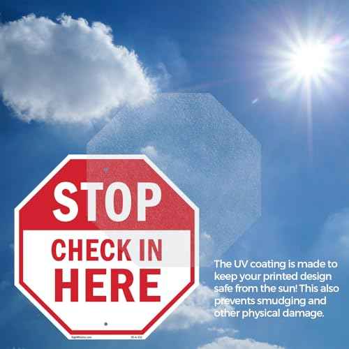 Stop Check in Here (2 Pack) 18 inch X 18 inch Octagon Plastic Sign Weather Resistant, UV Protected for Workplace, Private Property, and Construction Site, Made in the USA