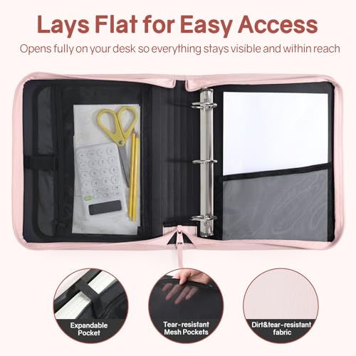 SUNEE Pink Lotus 2-Inch 3-Ring Zippered Binder with Handle, 500-Sheet Capacity, Organizer File Folder