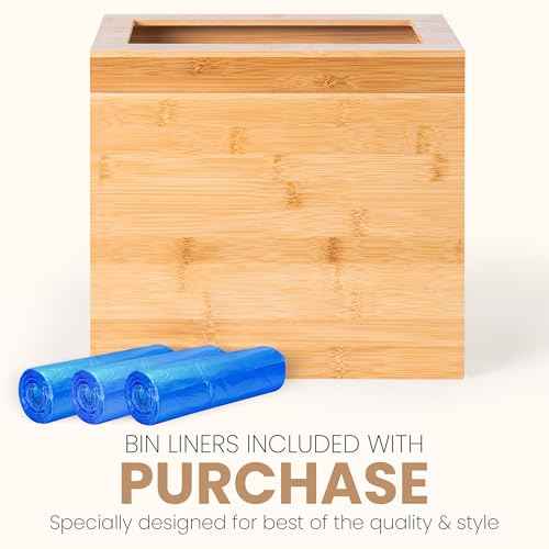 Bamboo Wooden Trash bin with Bin Liner Built-in Frame and Premium Lid - Rectangular Waste Basket with Bin Liners for Bathroom, Bedroom, Living Room, Kitchen, Office, Vanity, Salon or Spa