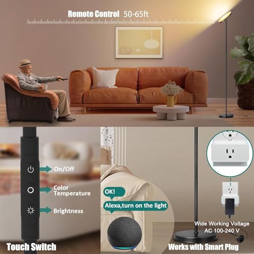 Mukuxin Black 40W LED Torchiere Floor Lamp with Remote, Dimmable & Color Temp 2700K-6500K