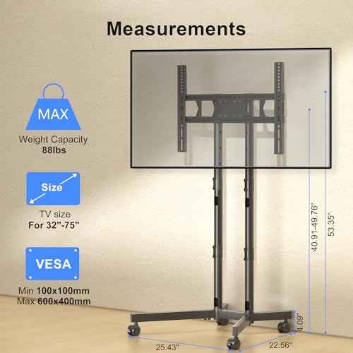 Mobile TV Stand with Wheels for Most 32-75 Inch Flat/Curved Screens TVs, Height Adjustable Rolling TV Cart Without Shelf, up to 88 lbs, Max VESA 600x400, ML70A