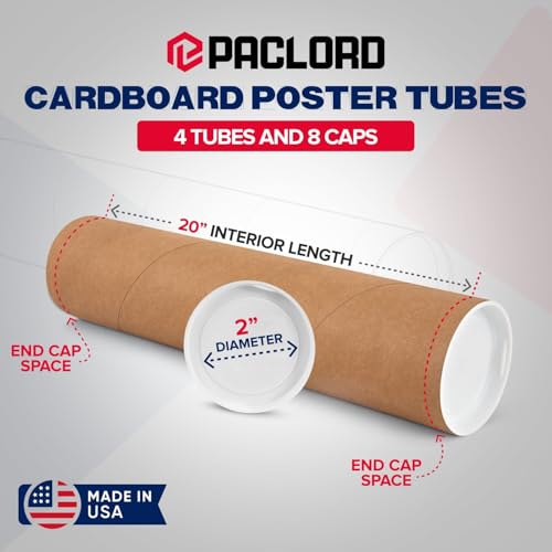 Paclord Pack of 4 2x20 Inch Reinforced Kraft Mailing Tubes with Caps – Made in USA