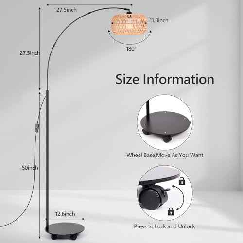 RGB Arc Floor Lamp with 3 Color Temperatures, Dimmable Rattan Boho Standing Lamp, APP and Remote Control, Modern Tall Lamp for Reading, Living Room, Bedroom, Office, Black
