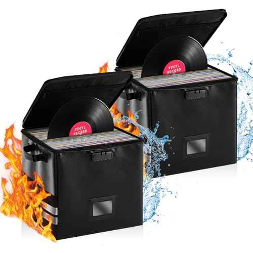 2 Pack Vinyl Record Storage Box with Combination Lock for 100+ 12 Inch Records, Fireproof & Waterproof Storage Organizer Crate with Lid & Handles for Valuable Album Collection, Black