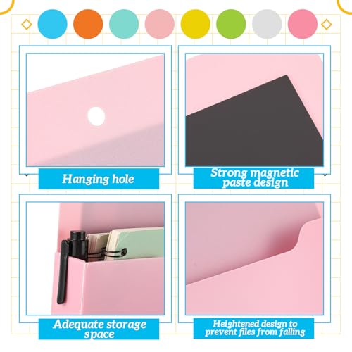 8 Pack Magnetic File Paper Holder High Design Pocket Magnetic Wall File Organizer Hanging Refrigerator Magazine Mail Letters Paper Holder for Teacher Office Classroom Supplies(Classic Color)