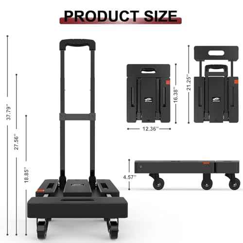 SOLEJAZZ Folding Hand Truck Portable Dolly Cart with Wheels Foldable 500LB Heavy Duty Luggage Cart Collapsible Hand Cart Moving Dolly for Airport Travel Furniture Luggage Office Moving, Black