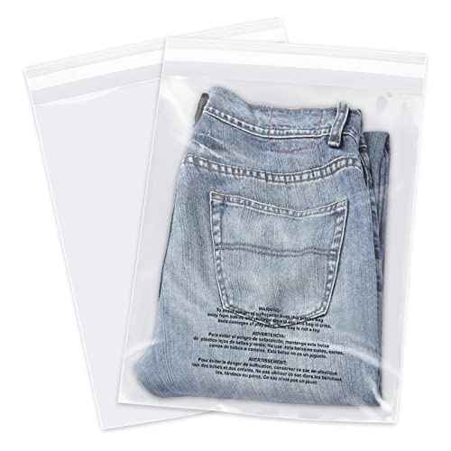 10" x 13" (100 Count) Self Seal Clear Poly Bags with Suffocation Warning for Packaging, Shipping, Clothing, Shirts & FBA - Resealable Adhesive