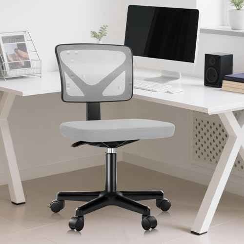DUMOS Armless Desk Chairs, Cute Home Office Chair No Arms with Wheels, Ergonomic Adjustable Swivel Rolling Task Chair, Comfy Mesh Mid Back Computer Work Vanity Chair for Small Spaces, Light Grey