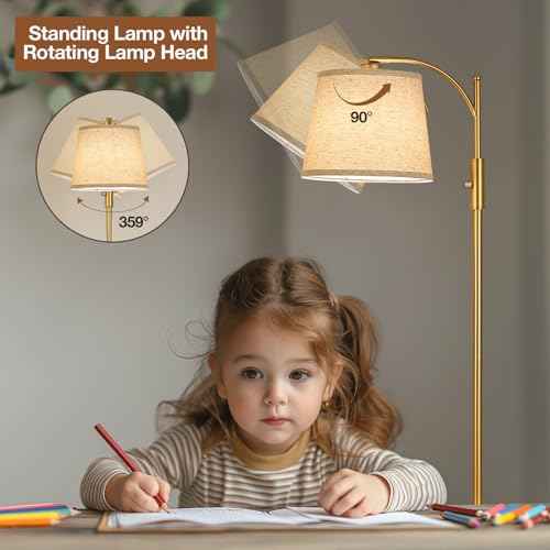 AIDENOEY Fully Dimmable Floor Lamp for Living Room£¬Standing Lamp Rotary Switch with Table&Linen Beige Shade£¬Golden Tall Lamps for Bedroom with Adjust Head£¬9W LED Bulb Included
