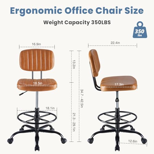 DUMOS Brown Armless Drafting Chair with Adjustable Height & Rolling Casters