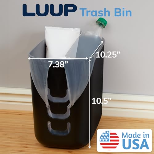 STORi Luup Black 2.5 Gallon Reuse Grocery Bag Trash Can with Hooks - Compact Wastebasket for Kitchen, Bathroom, Office, Garage, Laundry - 1 Pack