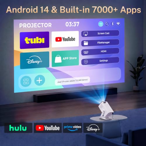 LYNCAST White Android 14 Mini Projector 1080P 4K Support, Built-in Apps, Wi-Fi 6