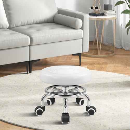 KKTONER Black Roller Seat PU Leather Rolling Stools with Wheels Nail Stool for Home Work Office Shop Step Stool (White)