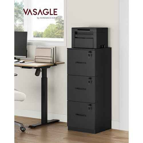 VASAGLE 3 Drawer File Cabinet, File Cabinet with Lock, Printer Stand, Office Filing Cabinet Organizer, for A4 and Letter Size Files, Ink Black UOFC055B16