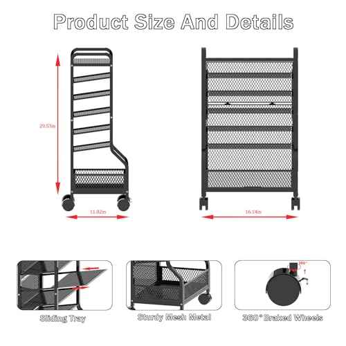 7 Tier File Organizer Beside Desk, Rolling File Cart with Sliding Trays Ideal for Office Organization in Offices, Schools, and Studios