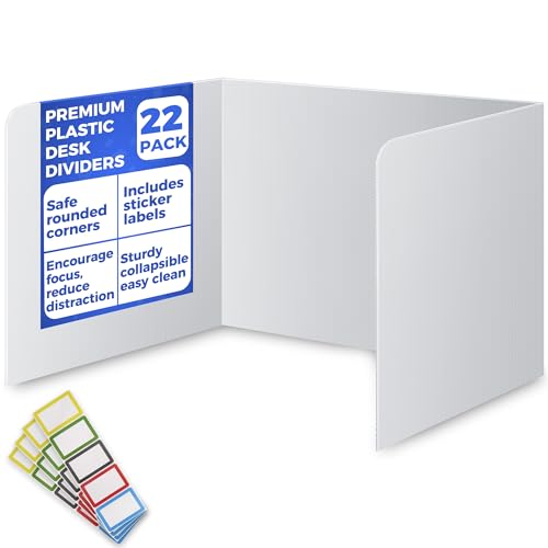 22 Pack Classroom Privacy Shields for Student Desks - Easy to Clean Plastic Sneeze Guard Folder Desk Divider Study Carrel - Classroom Materials for School Teachers - Includes Extra Labels