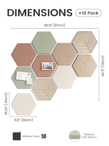 Fluxynara Boho Hexagon Cork & Felt Boards 10-Pack Wall Organizer, 11.8x10.2 Inches