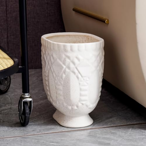 Bathroom Trash Can, Ceramic Wastebasket Garbage Container for Bathroom, Bedroom, Dorm, College, Office, Beige-White Decorative Compact Trash Can