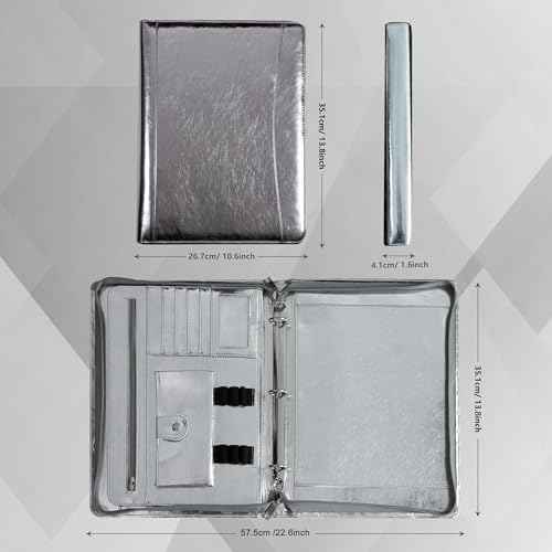 Glossy Silver Eco-Friendly Leather A4 Portfolio with Zipper 5 Card Slots, 1 ipad and 1 Cell Phone Pockets, 3 Pen Holders, 1 Zipped Pocket, 3 Ring Binder, and More