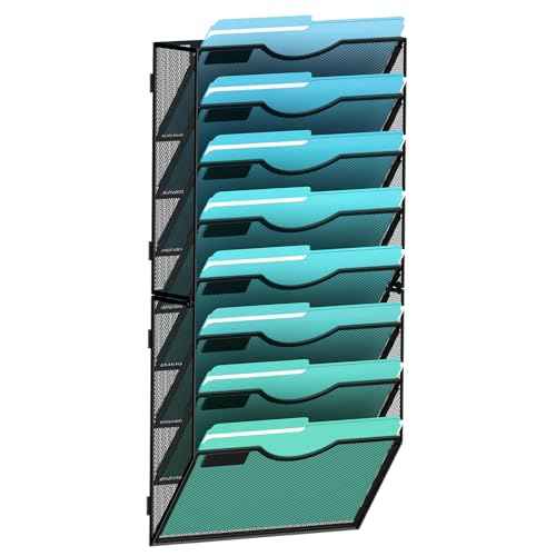 8-Tier Wall File Organizer Hanging Wall File Holder Wall Mount Paper Folder Organize, Mesh Magazine Document Mail Organizer Wall Organizer for Office School Home, Black