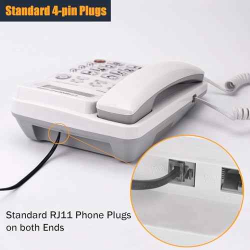 15FT Telephone Extension Cord Cable, Landline Phone Line Wire with RJ11 6P4C Plugs, Includes Cable Clips - Black - 2 Pack