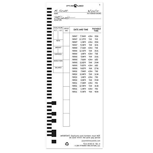 Pyramid Time Systems - Authentic Time Cards (44100-10) for Pyramid Models 4000, 4000PRO, 4000PROK, 5000HD & 5000 Auto Totaling Time Clocks, Single Sided Time Sheets (3.5 x 9 in) -100 Time Cards