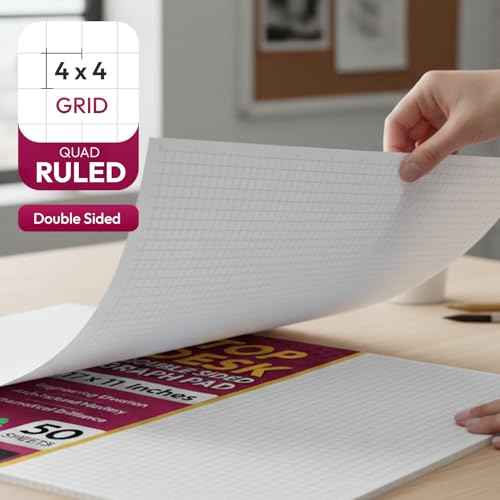 Ledger 17"x11" Large Premium Graph Pads, Double Side ¨ù¡± Quad-Ruled Grid, 21-Gram Thick Paper, Inch-scale, 50 Sheets (100 pages)/Pad, Glue Binding. Sketching, Drafting, Drawings (4, White)