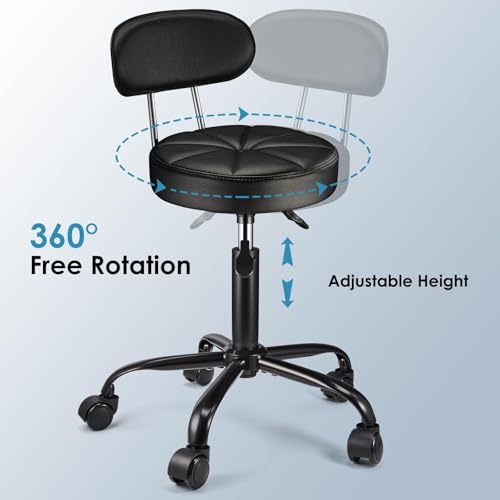 FNZIR Black PU Leather Rolling Stool with Backrest, Height Adjustable Swivel Drafting Chair