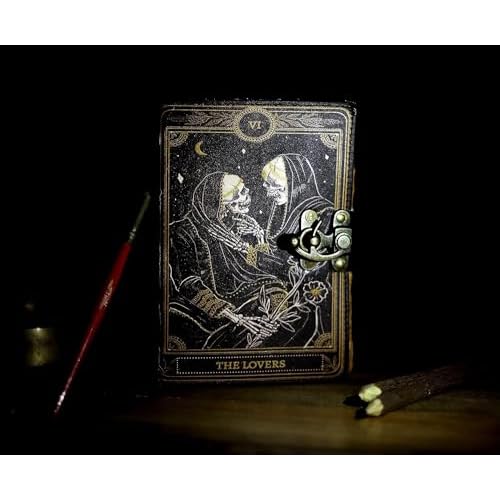 C CUERO Book of Spells Leather Journal Deckle Edge Paper Grimoire Printed Journal The Lovers Tarot Notebook Spiral Gothic Notebook Skull lover Antique Vintage Leather Journals for Men and Womens 10
