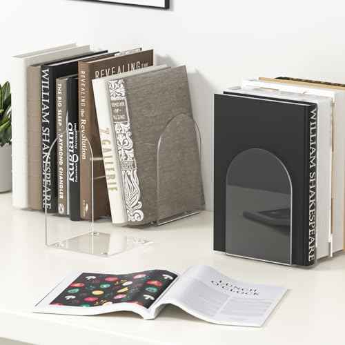 Acrylic Bookends 4 Pieces, Clear Bookends for Shelves, Book Ends for Shelves and Desktop Organizer, Transparent Shelf Book Stopper to Hold Books for Home Office Supplies