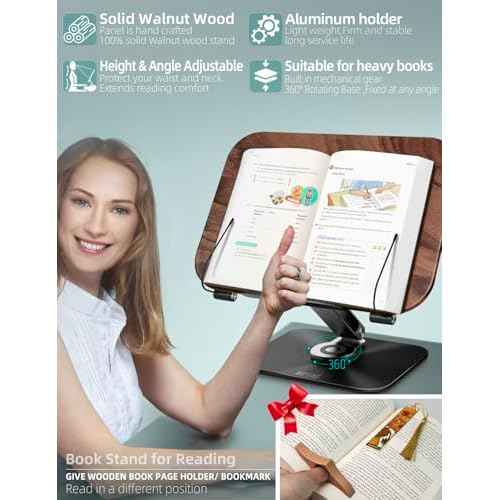 Book Stand for Reading, Book Holder, Foldable Cookbook Stand,Height Adjustable Recipes Book Holder,360¡Æ Rotating Base Laptop Stand,for Textbooks,Tablet,Book Page Holder,Made from Walnut Wood