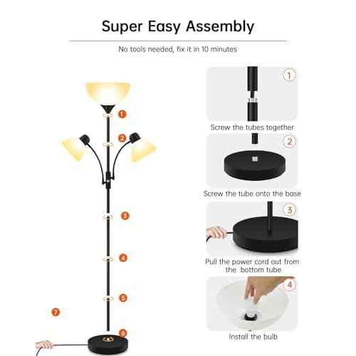 Floor Lamp, Torchiere Floor Lamps for Living Room, 71 Inch Tall Standing Lamp, Bedroom Lamps with Gooseneck Light, Rotary Switch, 3 Plastic Lampshade, Torch Floor lamps for Bedroom (Black, No Bulb)