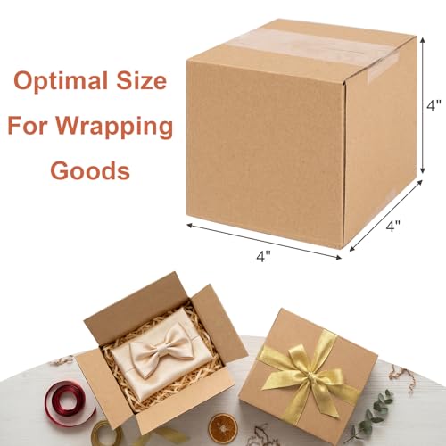 HANWRAPS Brown 4x4x4 Inches Small Shipping Boxes - 4 Pack, Corrugated Cardboard Packaging for Gifts & Mailing