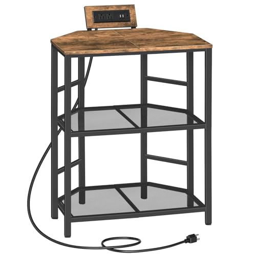 Corner Printer Stand with Charging Station, 3-Tier Large Printer Table with Adjustable Feet, Metal Frame Storage Shelf for Office, Living Room, Small Space, Rustic Brown PTHR14E01