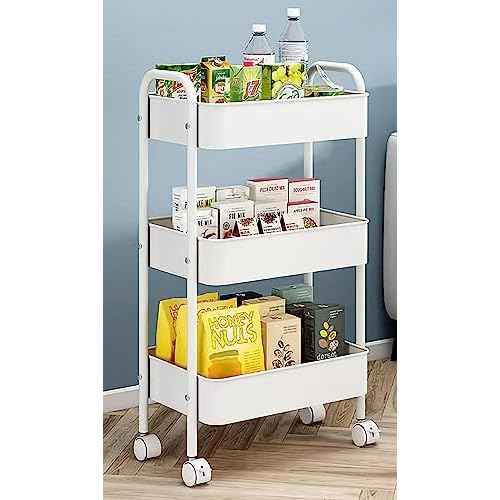 XIUSHE 3-Tier Metal Utility Cart Rolling Storage Organizer, Portable and Sturdy, Ideal for Office, Kitchen, Bathroom, Kids' Room, Classroom, White