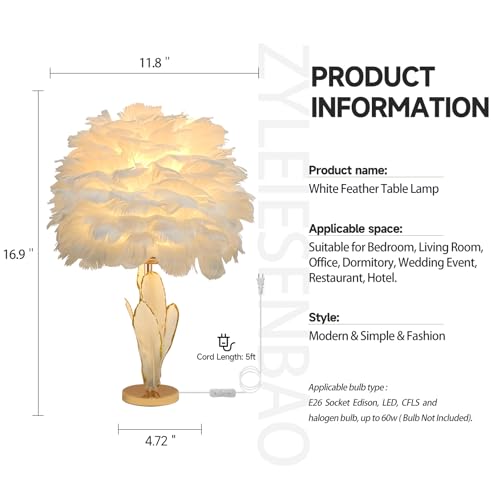 Chic White Feather Lamp Creative Furry Table Lamp Modern Feather Desk Lights Romantic Princess Bedside Nightstand Light for Teen Girls Bedroom Decoration Living Room Wedding Kids Room