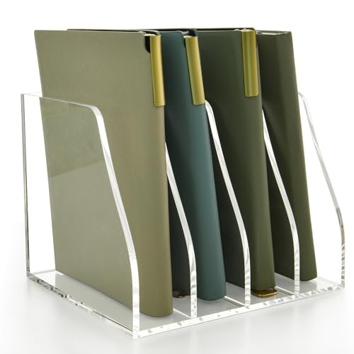 Acrylic Magazine File Holder, 4 Vertical Compartments Desk Document Sorter Organizer, Clear Folder Rack Binder for Office/Home/Classroom, for Documents, Tablet, Magazines, Books & Accessories