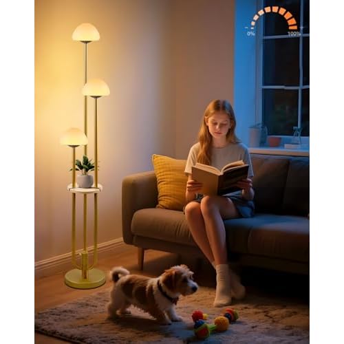 Lightdot Gold Dimmable Floor Lamp with Table, Modern Floor Lamps for Living Room, 3000K Warm Lights Tall Standing Lamp with Mushroom Shades & Bulbs for Bedroom/Office