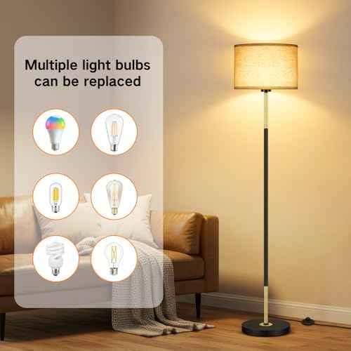 OUTON Mid Century Modern Floor Lamp for Living Room - 60" Tall Black & Gold Standing Lamp with Linen Shade, 3 Color Temperatures, Foot Switch, Easy Assembly (Bulb Included)