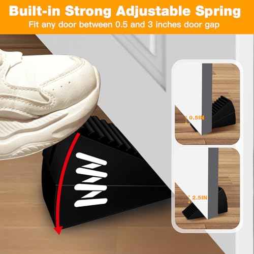 4 Pack Heavy Duty Metal Door Stop, Strongest Large Adjustable Spring Door Stopper Up to 3 inch Tall, Door Stoppers for Bottom of Door, Black Rubber Door Wedge for Any Heavy Doors