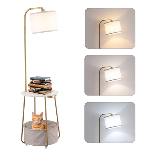 Floor Lamp with Cat Bed and Charging Station, Adjustable Lampshade, 3 Color Temperatures, Remote & Foot Switch Control, Standing Lamp with USB & AC Outlets for Living Room Bedroom, Gold