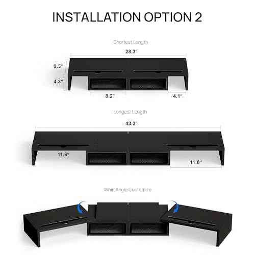 ZIFTY Dual Monitor Stand Riser with 2 Drawer and Smartphone Holder, Desk Organizer for 3 Monitors, Adjustable Length & Angle Workspace Organizers for Monitors Laptop Printer Computer, Black