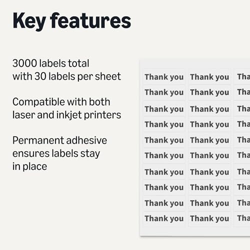 Amazon Basics Printable Address Labels 1" x 2-5/8" - 3000 White Mailing Labels, Letter Size, Permanent Adhesive, Pack of 100 Sheets, Model Variation