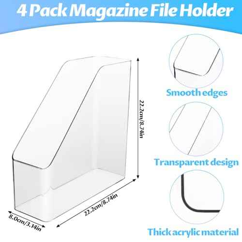 4Pcs Clear Acrylic Magazine File Holder, Plastic Vertical File Folder Storage Magazine Rack Bin, Acrylic Magazine Holder, Desk Document Sorter Organizer for Home Office School Work Desktop Supplies