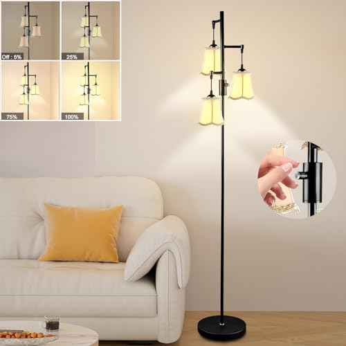 Lightdot 66IN Dimmable Floor Lamp for Living Room, Industrial 3-Light Tree Floor Lamps with LED E26 Bulbs Included, Mid Century Floor Lamp with Fabric Flower Lampshades for Bedroom HOM Office-Black