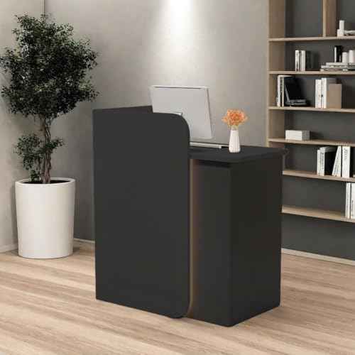 Modern Reception Desk with Curved Privacy Panel & LED Light Strip, Lockable Drawers, 6 Color Options Front Counter Desk, Retail Checkout Counter for Salon, Office, Boutique(Black)