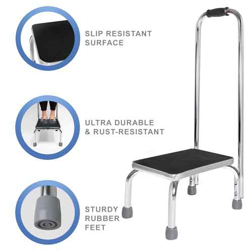 Vaunn Medical Foot Step Stool with Handle and Anti Skid Rubber Platform, Lightweight and Sturdy Stool for Children, Adults and Seniors, Chrome
