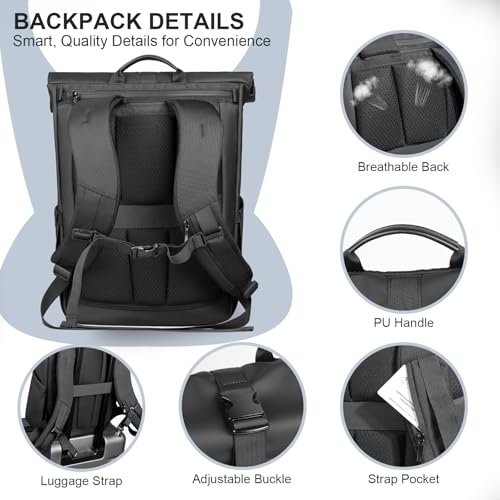 Rolltop Laptop Backpack, Water-Resistant Bussiness Travel Backpack for Men Women, Expandable 20-27L Casual Daypack for 15.6 inch Computer, Work Bag for Commute/College/Hiking,Black