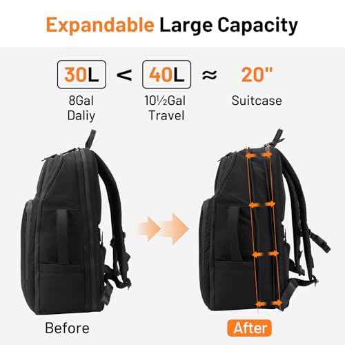 Travel Backpack for Long Travel with 30-40L Expandable Large Capacity Laptop Backpack Water-resistant Black 600D Polyester